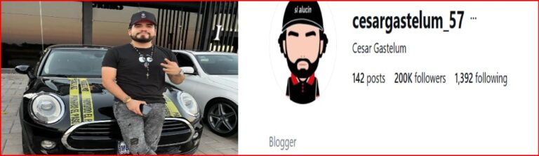 Man in a black shirt and cap leaning against a black car with yellow caution-tape on the hood, next to a social media profile header for cesargastelum_57 with a cartoon avatar.