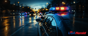 Police car with flashing red and blue lights on a wet city street at dusk; blurred background and logo visible in corner.