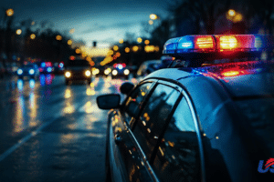 Police car with flashing red and blue lights on a wet city street at dusk; blurred background and logo visible in corner.