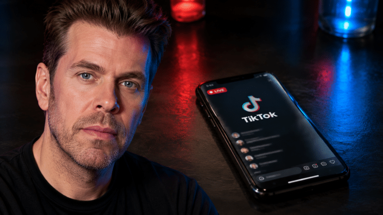 Editorial composite of Perez Hilton beside a smartphone displaying TikTok Live as emergency lights reflect in the background.