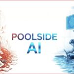 Split scene: a stressed programmer amid tangled cables and bug labels on the left, and a calm technician with an AI robot and screens on the right, centered by 'POOLSIDE AI'.