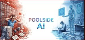 Split scene: a stressed programmer amid tangled cables and bug labels on the left, and a calm technician with an AI robot and screens on the right, centered by 'POOLSIDE AI'.