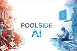 Split scene: a stressed programmer amid tangled cables and bug labels on the left, and a calm technician with an AI robot and screens on the right, centered by 'POOLSIDE AI'.