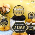 Colorful retirement party scene with gold and black decorations, signs say 'Goodbye 9 to 5' and 'Welcome to 7 Day Weekends' against a yellow backdrop.