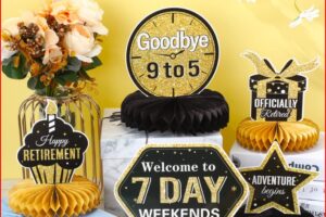 Colorful retirement party scene with gold and black decorations, signs say 'Goodbye 9 to 5' and 'Welcome to 7 Day Weekends' against a yellow backdrop.