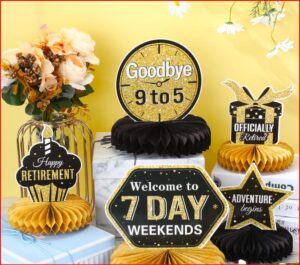 Colorful retirement party scene with gold and black decorations, signs say 'Goodbye 9 to 5' and 'Welcome to 7 Day Weekends' against a yellow backdrop.