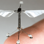 Close-up of a tiny winged micro-drone balanced on a fingertip, with silver foil wings.