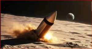 Rocket lifting off from the Moon's dusty surface, ejecting a bright flame and dust cloud with Earth visible in the dark sky behind.