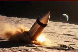 Rocket lifting off from the Moon's dusty surface, ejecting a bright flame and dust cloud with Earth visible in the dark sky behind.