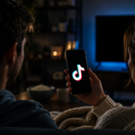 Couple on a sofa at night, one person holding a phone displaying the TikTok logo.