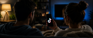 Couple on a sofa at night, one person holding a phone displaying the TikTok logo.