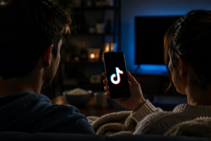 Couple on a sofa at night, one person holding a phone displaying the TikTok logo.