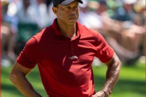 Man in a red polo shirt and black cap stands with hands on hips on a golf course, crowd blurred in the background.