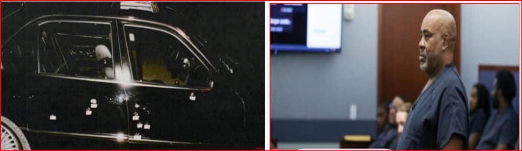 Split image: left a black car with bullet holes at night; right a man in a blue jail suit standing in a courtroom.