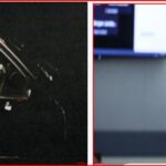 Split image: left a black car with bullet holes at night; right a man in a blue jail suit standing in a courtroom.