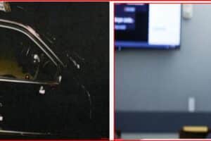 Split image: left a black car with bullet holes at night; right a man in a blue jail suit standing in a courtroom.