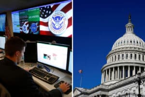 Two-panel image: left shows a security operations room with multiple monitors and an American flag; right shows the US Capitol dome against a blue sky.