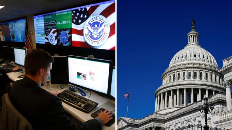 Two-panel image: left shows a security operations room with multiple monitors and an American flag; right shows the US Capitol dome against a blue sky.