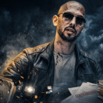 Man in a leather jacket and sunglasses amid piles of extradition documents and a flashlight, set against a dark stormy background.