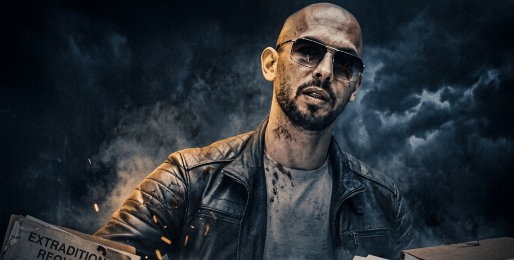 Man in a leather jacket and sunglasses amid piles of extradition documents and a flashlight, set against a dark stormy background.