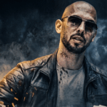 Man in a leather jacket and sunglasses amid piles of extradition documents and a flashlight, set against a dark stormy background.