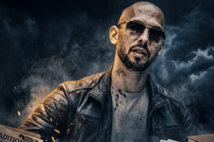 Man in a leather jacket and sunglasses amid piles of extradition documents and a flashlight, set against a dark stormy background.