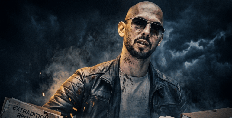 Man in a leather jacket and sunglasses amid piles of extradition documents and a flashlight, set against a dark stormy background.