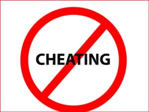 No cheating: red prohibition circle with diagonal line over the word CHEATING, signaling that cheating is not allowed.