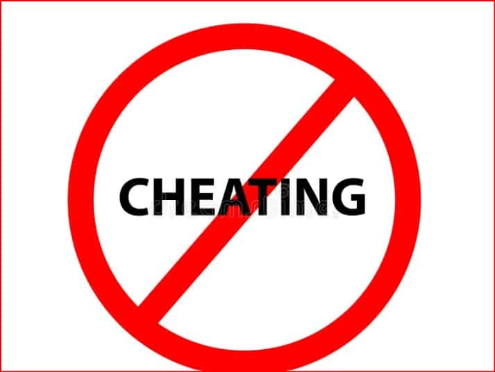 No cheating: red prohibition circle with diagonal line over the word CHEATING, signaling that cheating is not allowed.