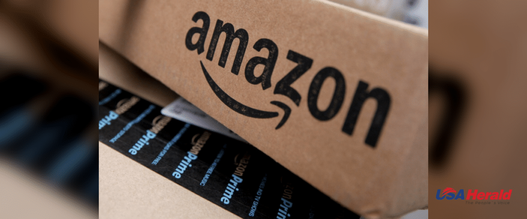 Close-up of an Amazon cardboard shipping box with the Amazon logo and blue Prime tape.