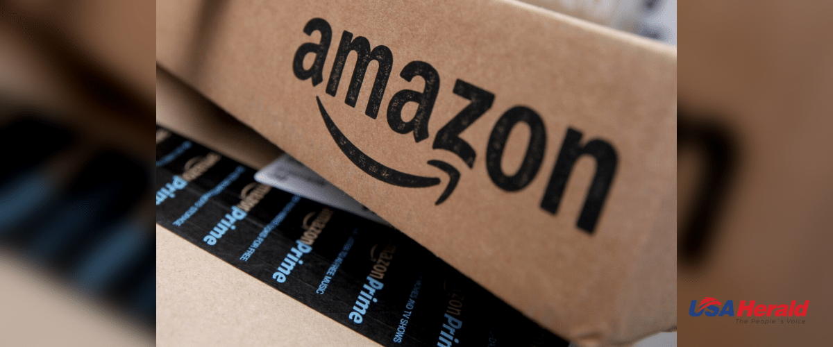 Close-up of an Amazon cardboard shipping box with the Amazon logo and blue Prime tape.