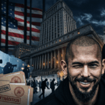 Collage showing a smiling man beside a masked figure, extradition documents, an American flag, and large government buildings at night.