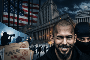 Collage showing a smiling man beside a masked figure, extradition documents, an American flag, and large government buildings at night.