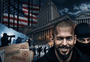 Collage showing a smiling man beside a masked figure, extradition documents, an American flag, and large government buildings at night.