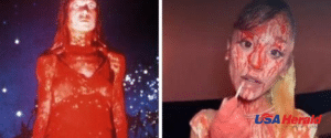 Two side-by-side photos of a person in horror makeup: left in a red, blood-splattered bodysuit; right with a blood-streaked face touching their lips.