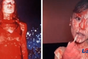 Two side-by-side photos of a person in horror makeup: left in a red, blood-splattered bodysuit; right with a blood-streaked face touching their lips.