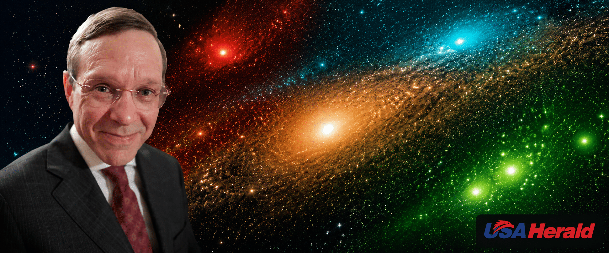 Man in suit and tie smiling at camera, overlaid on a colorful space background with the USA Herald logo in the corner.