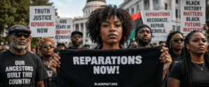 Protesters marching in a rally, a woman in the center holds a black banner reading 'REPARATIONS NOW!' while others carry signs demanding justice and repair.