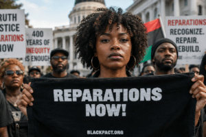 Protesters marching in a rally, a woman in the center holds a black banner reading 'REPARATIONS NOW!' while others carry signs demanding justice and repair.