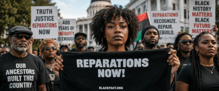 Protesters marching in a rally, a woman in the center holds a black banner reading 'REPARATIONS NOW!' while others carry signs demanding justice and repair.