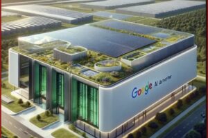 Google AI data center with rooftop solar panels and a green, modern facade.