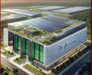 Google AI data center with rooftop solar panels and a green, modern facade.