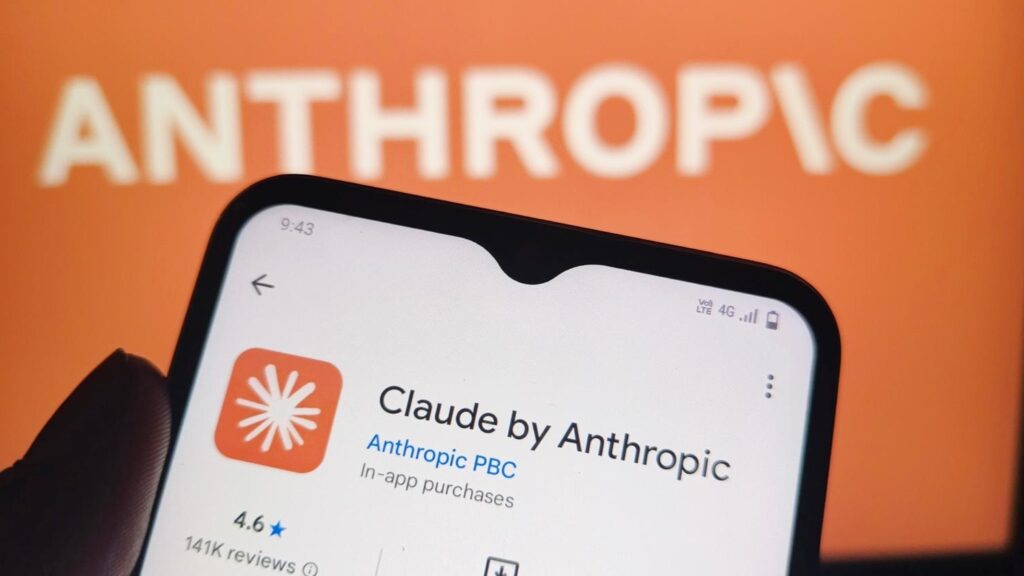 Phone screen showing the Claude by Anthropic app page in an app store, with an orange background that reads ANTHROPIC.