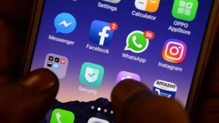 Close-up of a smartphone home screen showing Messenger, Facebook, WhatsApp (36), Instagram, OPPO AppStore, Security, and Amazon icons with notification badges on some apps
