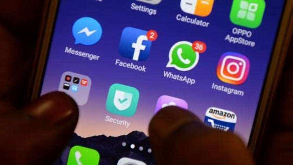 Close-up of a smartphone home screen showing Messenger, Facebook, WhatsApp (36), Instagram, OPPO AppStore, Security, and Amazon icons with notification badges on some apps