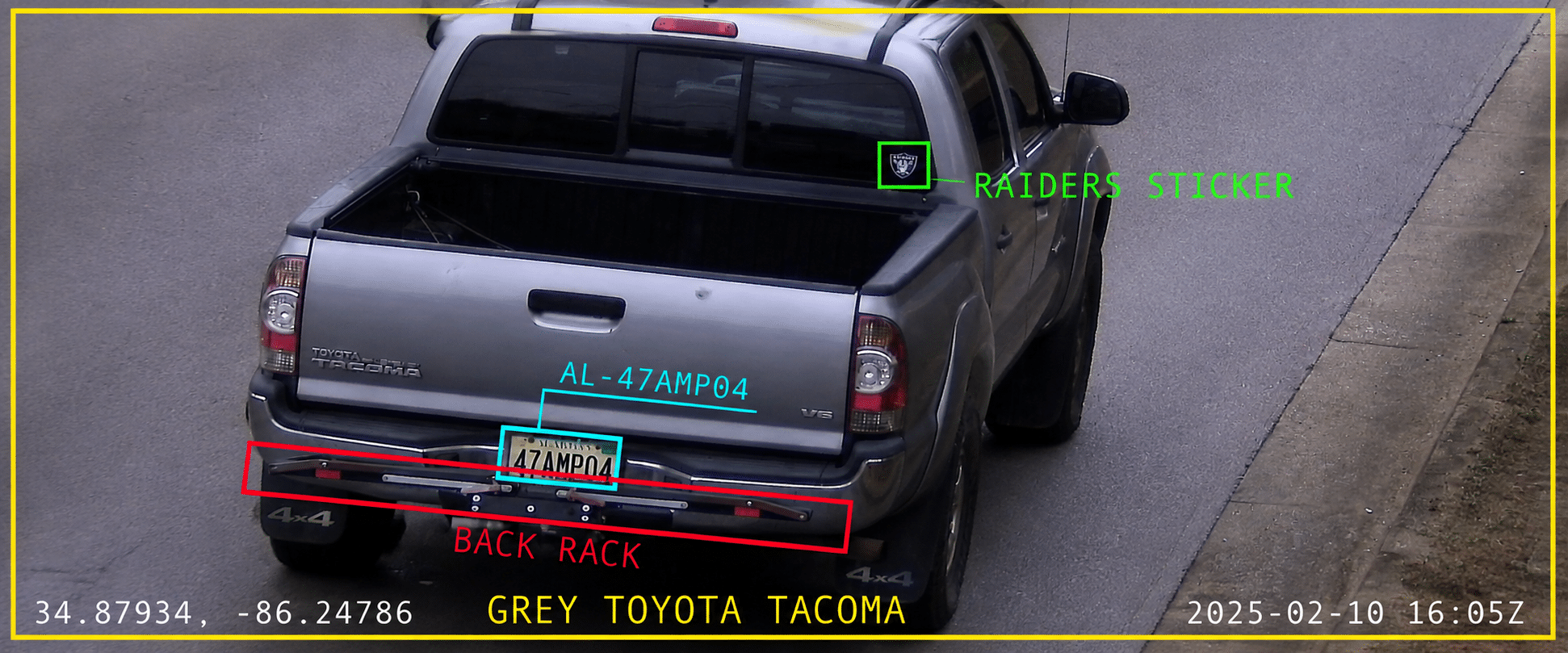 Rear view of a grey Toyota Tacoma with a back rack and Raiders sticker; license plate 47MP04; timestamp and coordinates overlaid on image.