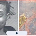 Split image: left a mugshot-style portrait of a young man; right two pedestrians in a parking lot near a white car, fallen leaves on the ground.