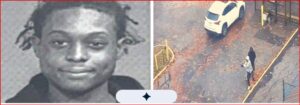 Split image: left a mugshot-style portrait of a young man; right two pedestrians in a parking lot near a white car, fallen leaves on the ground.