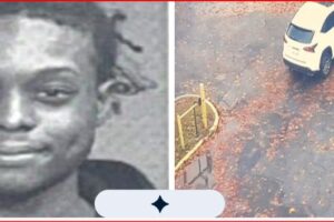 Split image: left a mugshot-style portrait of a young man; right two pedestrians in a parking lot near a white car, fallen leaves on the ground.