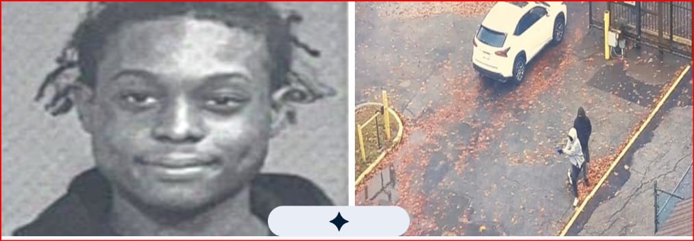 Split image: left a mugshot-style portrait of a young man; right two pedestrians in a parking lot near a white car, fallen leaves on the ground.